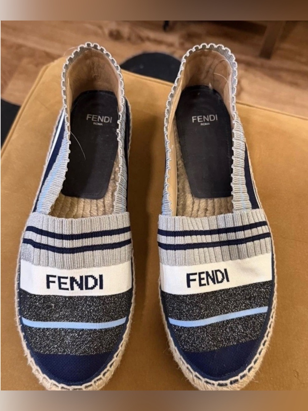 Fendi Rockoko Stretch Knit Sock Espadrille Slip-On with Blue Insole size 37
